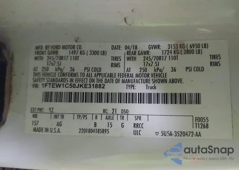 2018 Ford F-150 Xl z USA, uszkodzony, nr VIN 1FTEW1C50JKE31882